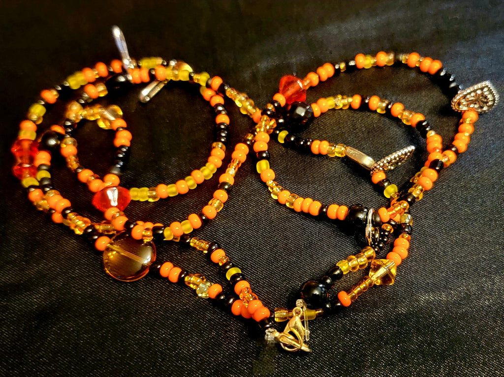 Waist Beads – Orange Black Red Accents, Heart Charm