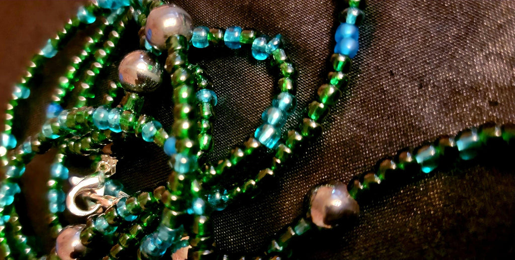 Waist Beads: Green, Aqua Blue, Dark Blue, Black Hand-Beaded