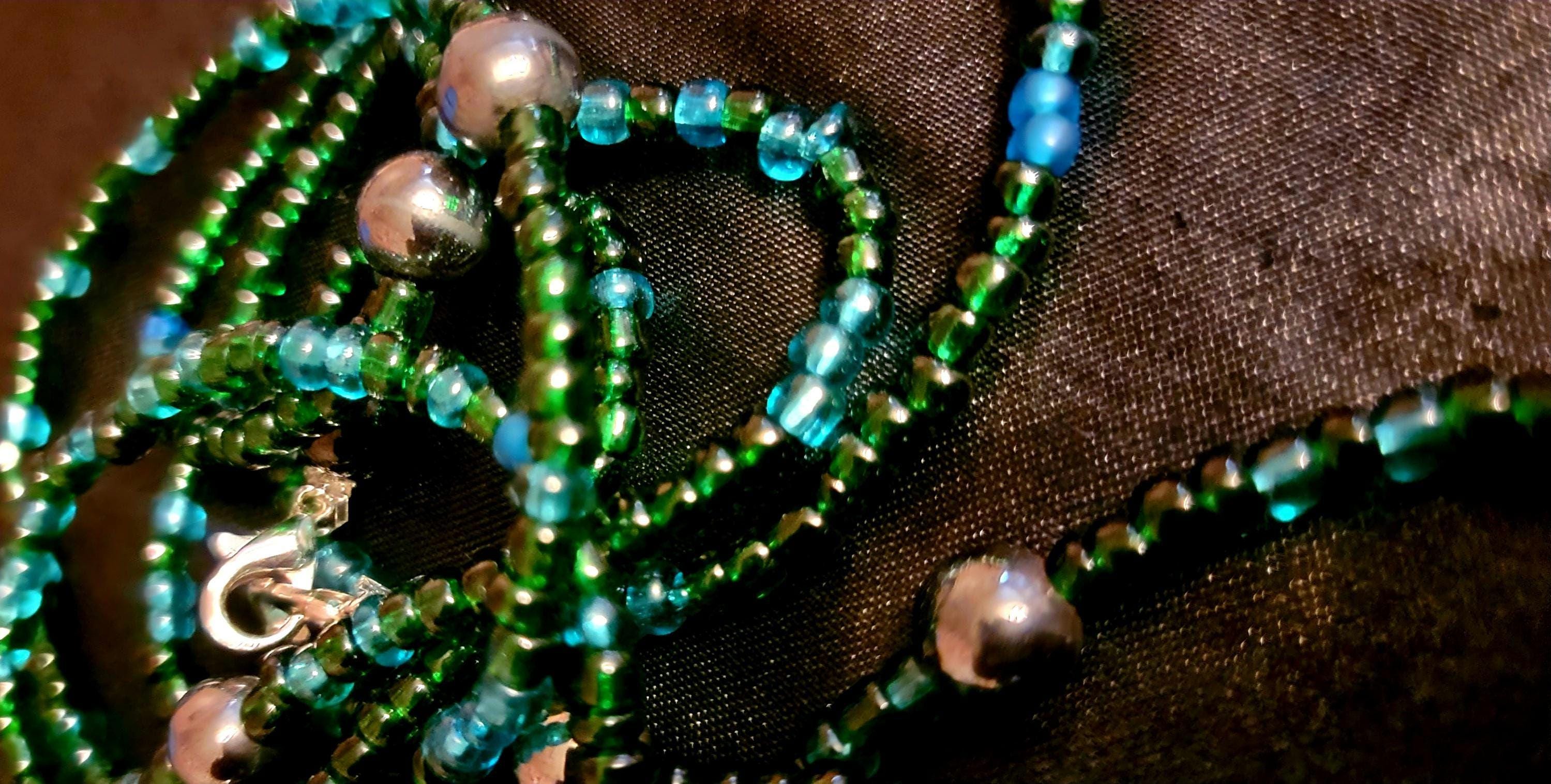 Waist Beads: Green, Aqua Blue, Dark Blue, Black Hand-Beaded