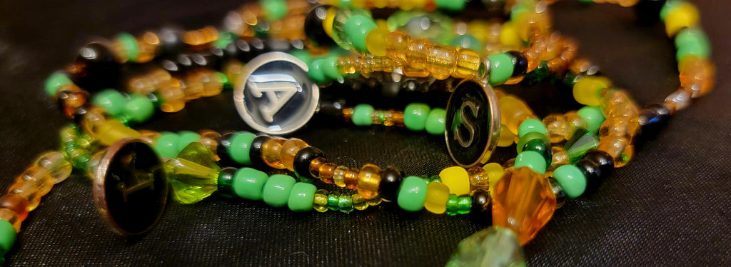 Hand Beaded Waist Beads – Green, Black, Gold, Initial Charms