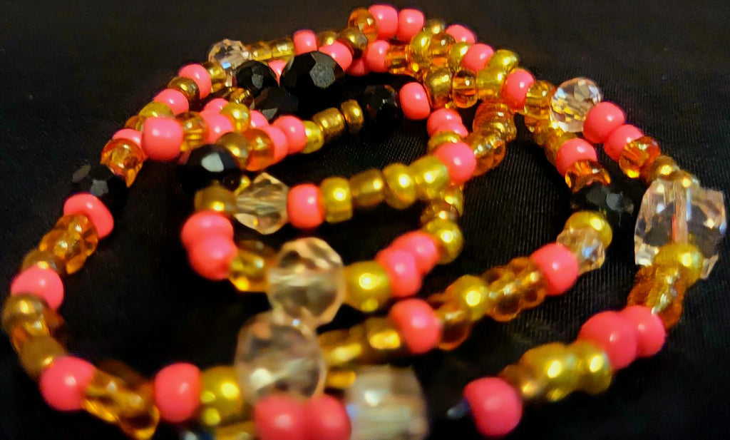 Waist Beads - Hand Beaded Black Pink Gold Crystal