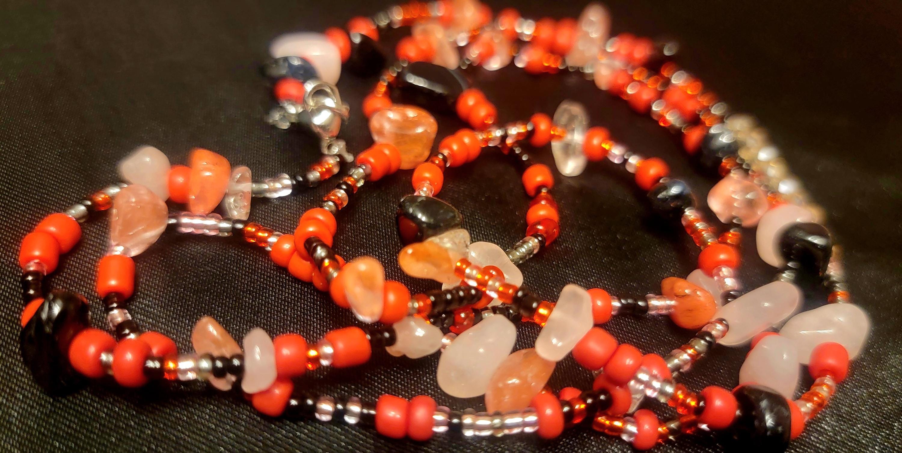 Waist Beads: Rose Quartz, Black Agate, Cherry Quartz Hand-Beaded
