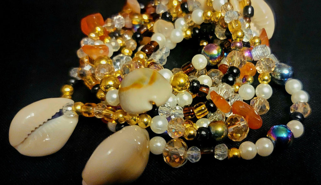 Waist Beads – Cowrie Shells, Carnelian, Gold, Crystal