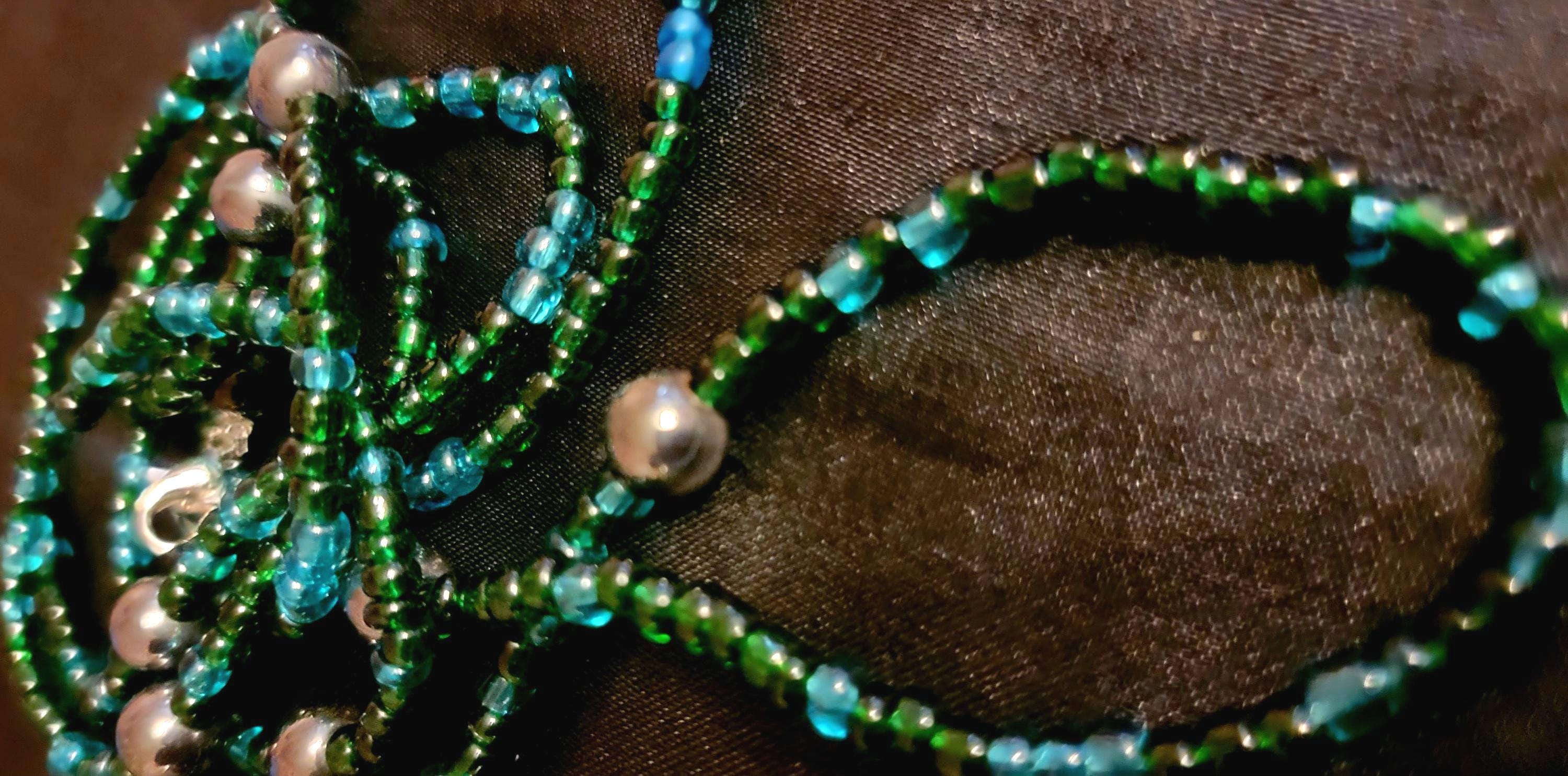 Waist Beads: Green, Aqua Blue, Dark Blue, Black Hand-Beaded