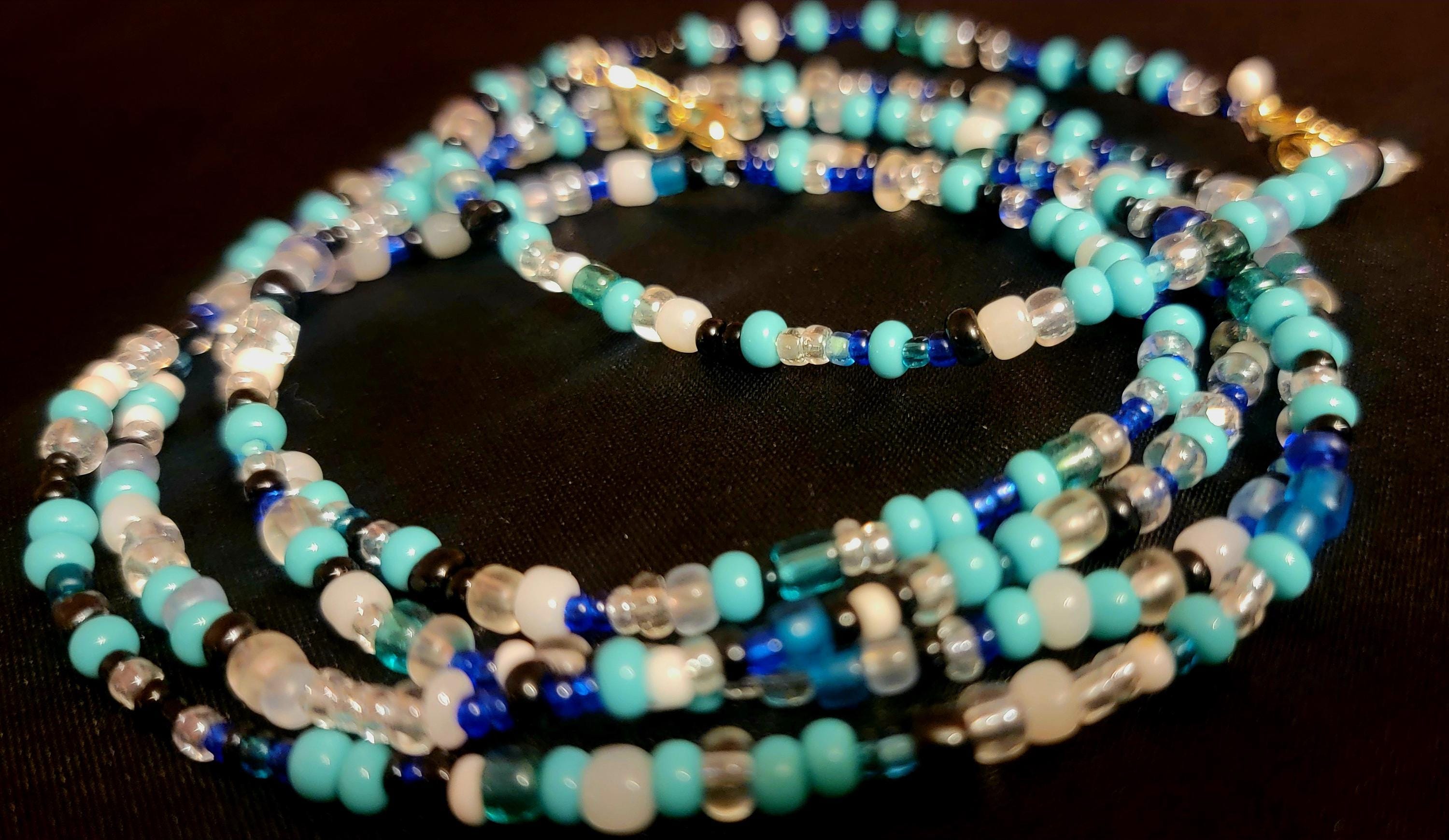 Waist Beads– Turquoise, White, Black, Blue Hand-Beaded