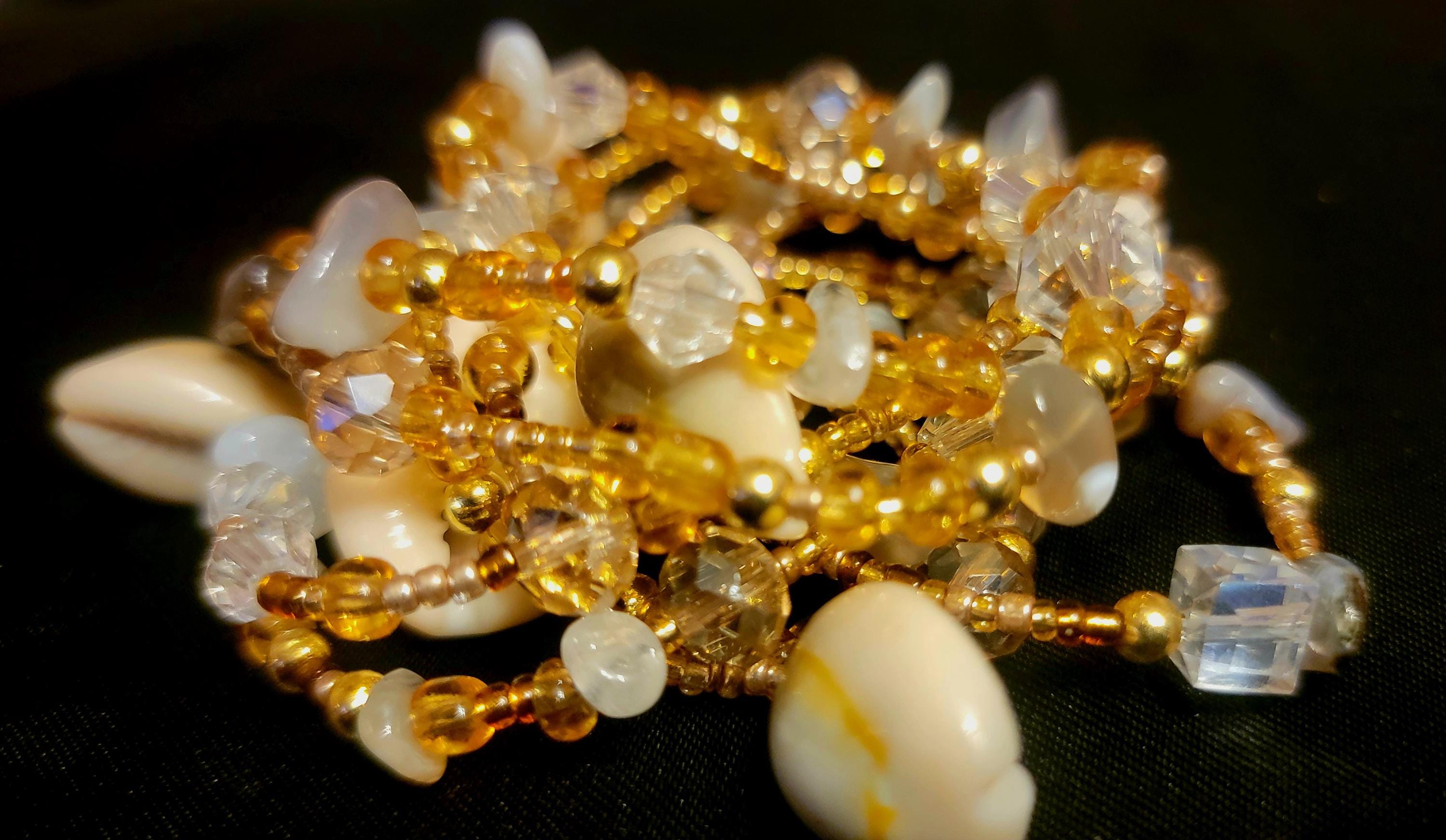 Waist Beads - Amethyst Cowrie Shell Gold Hand Beaded