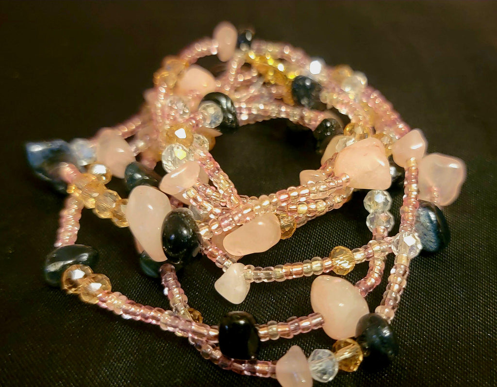 Waist Beads - Hand-beaded Rose Quartz Black Agate