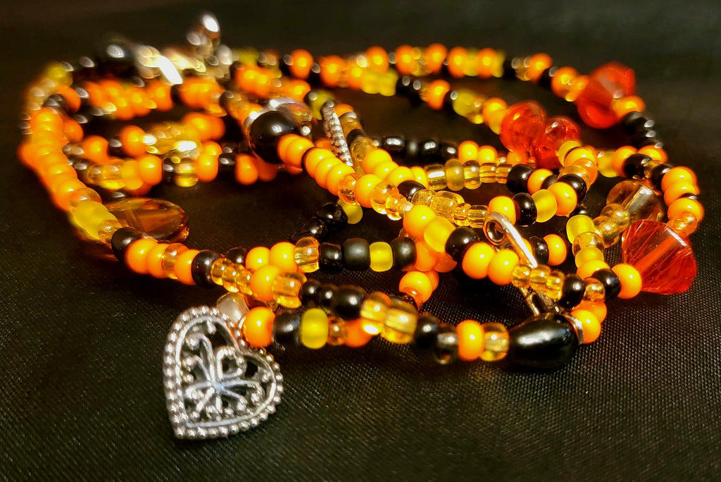 Waist Beads – Orange Black Red Accents, Heart Charm