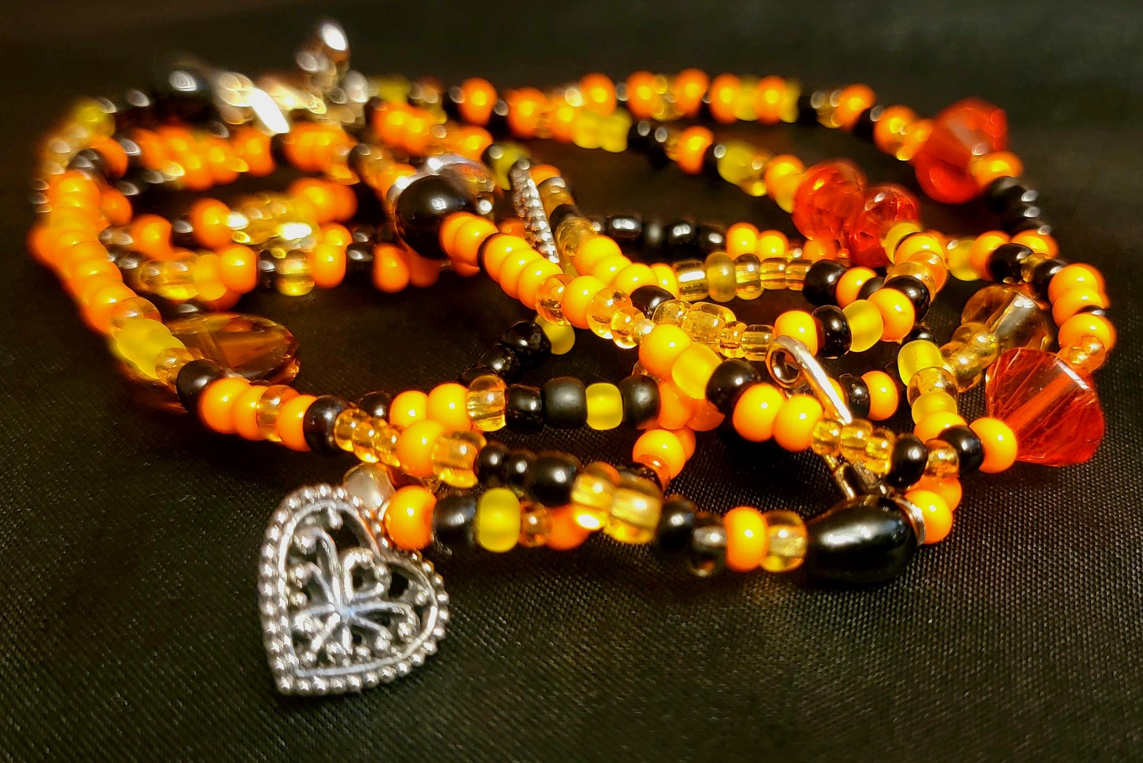 Waist Beads – Orange Black Red Accents, Heart Charm