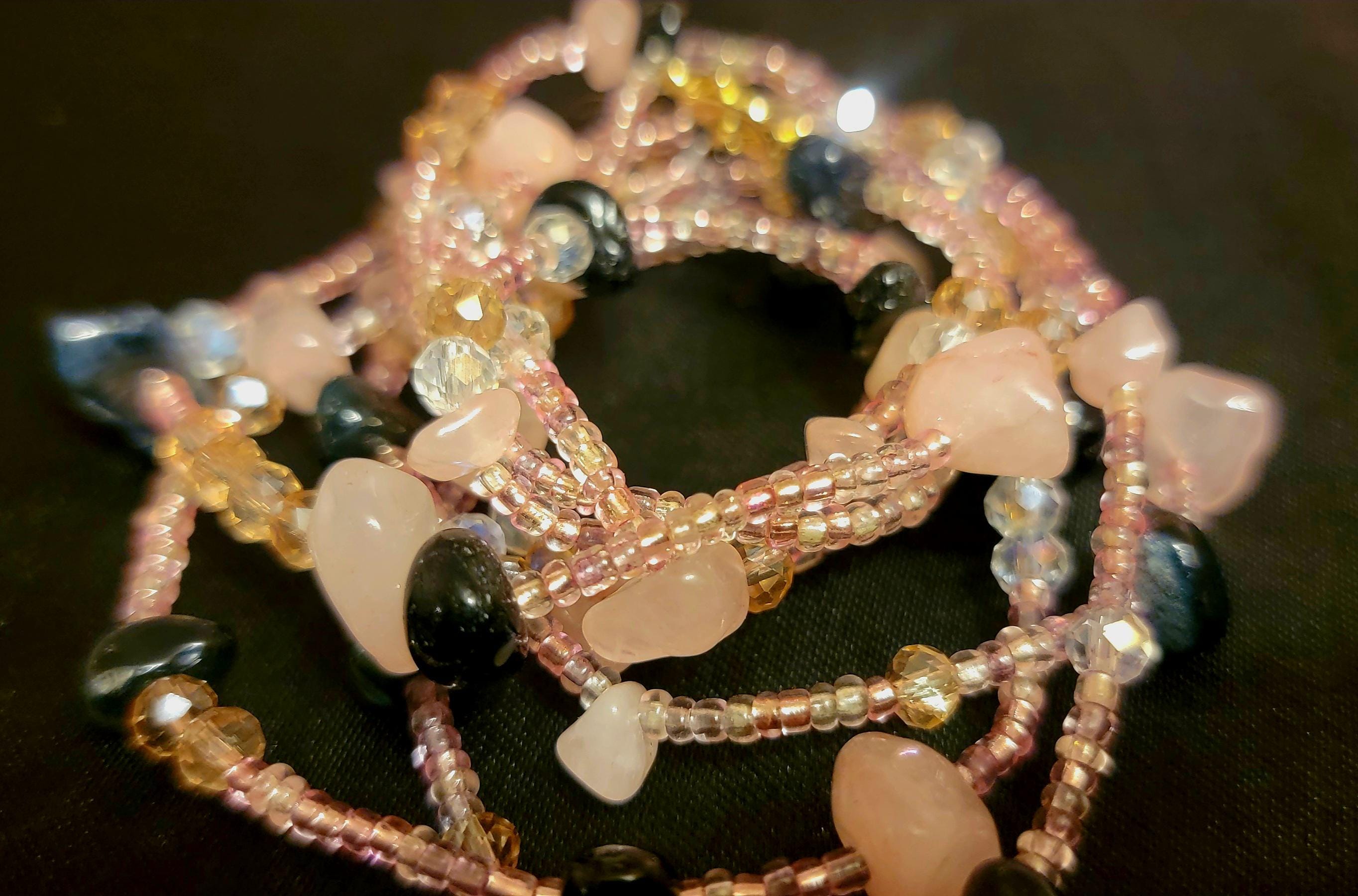 Waist Beads - Hand-beaded Rose Quartz Black Agate