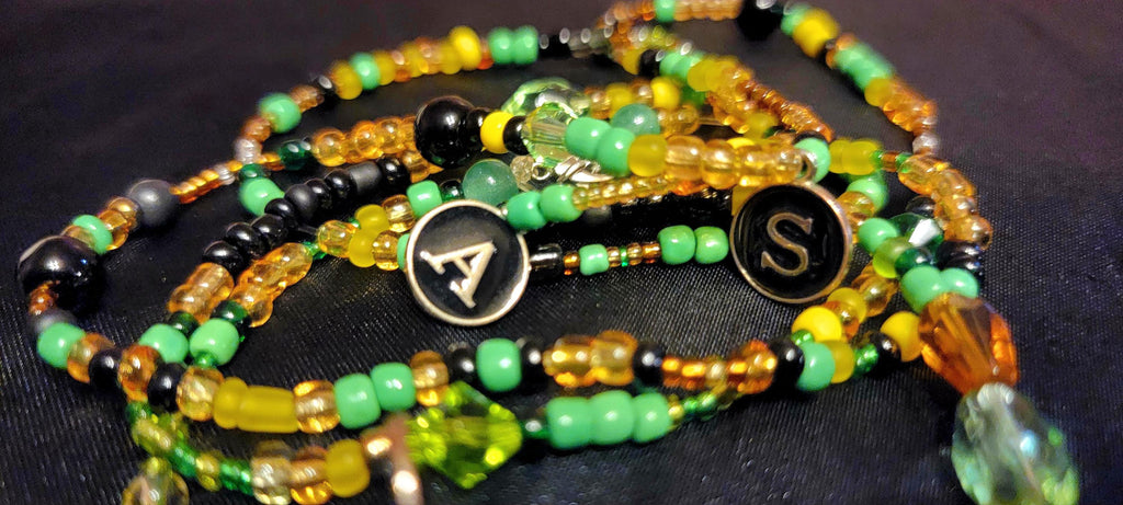 Hand Beaded Waist Beads – Green, Black, Gold, Initial Charms
