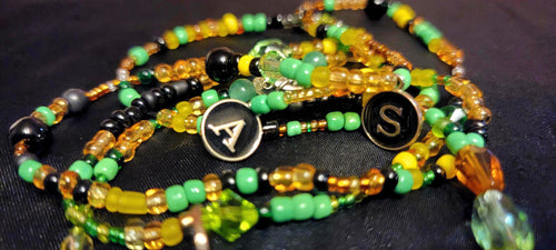 Hand Beaded Waist Beads – Green, Black, Gold, Initial Charms