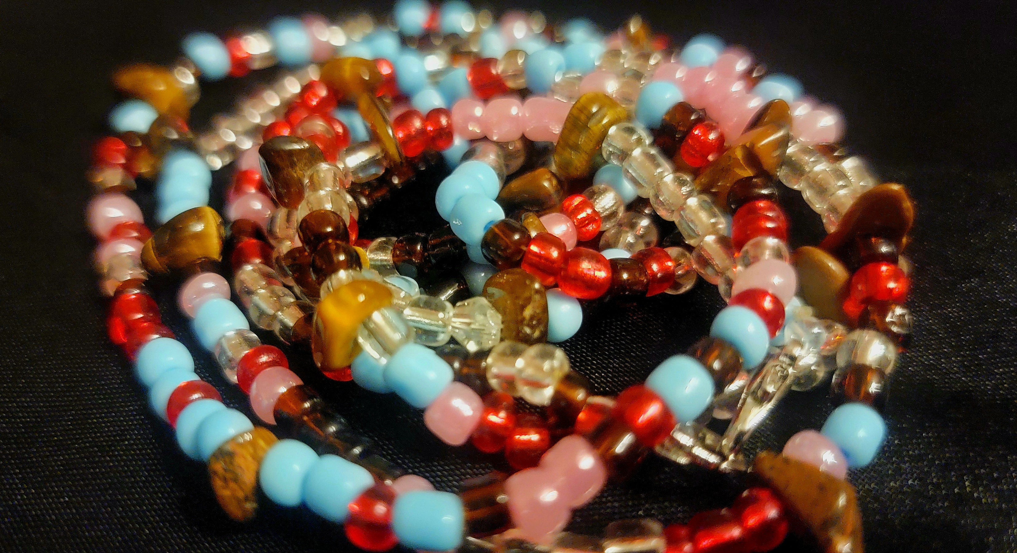 Waist Beads – Pink Blue Clear Red Brown Tiger Eye Hand Beaded