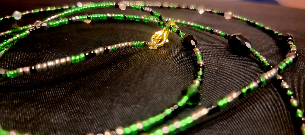 Waist Beads - Hand-Made Green Silver Black with Crystals