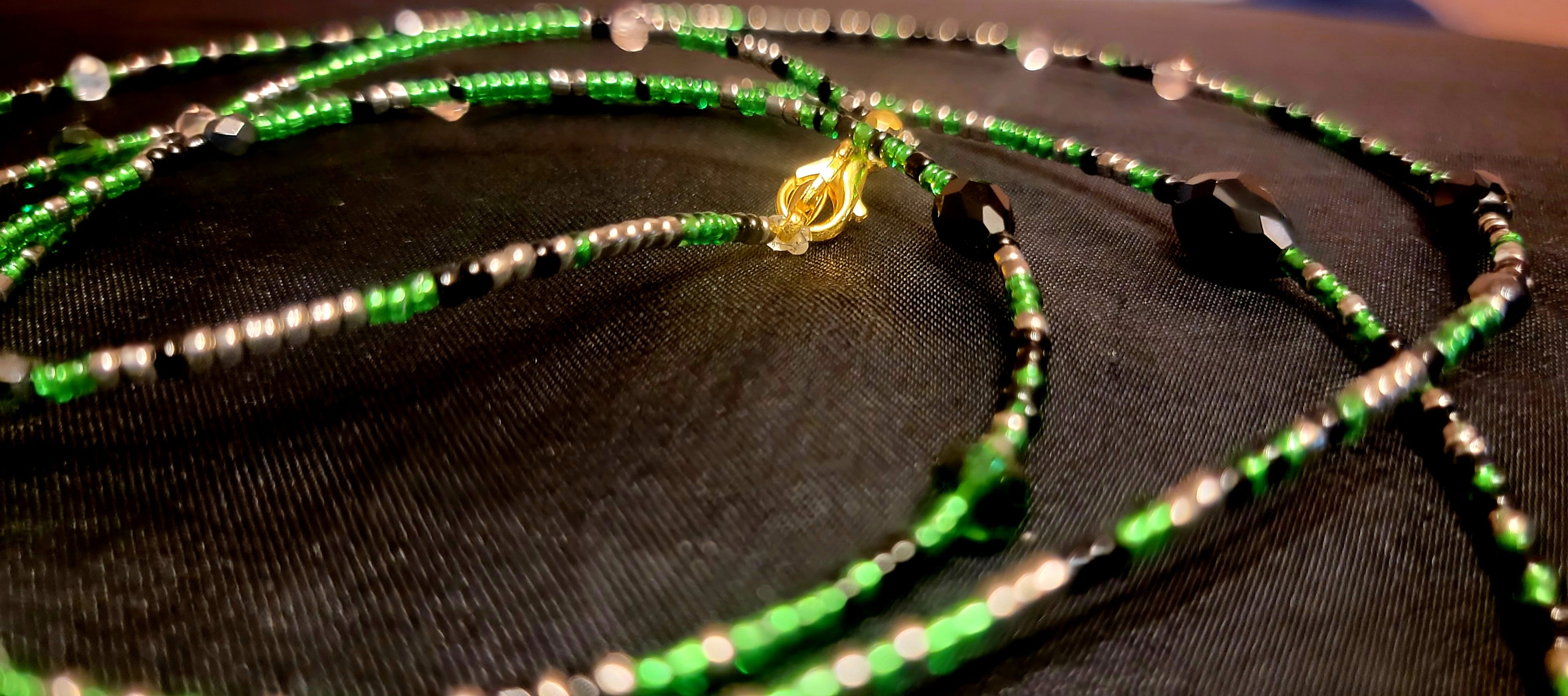 Waist Beads - Hand-Made Green Silver Black with Crystals