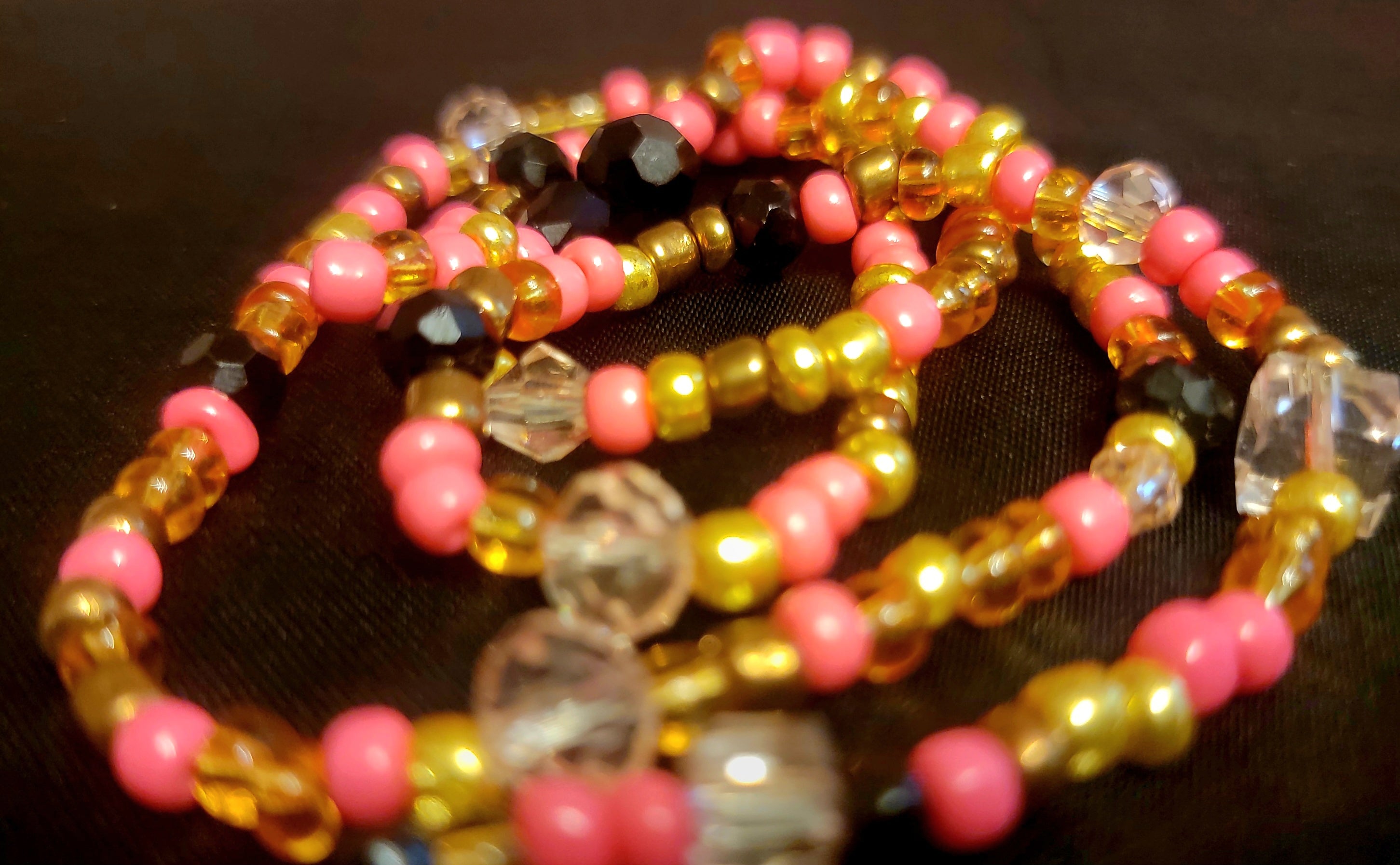 Waist Beads - Hand Beaded Black Pink Gold Crystal