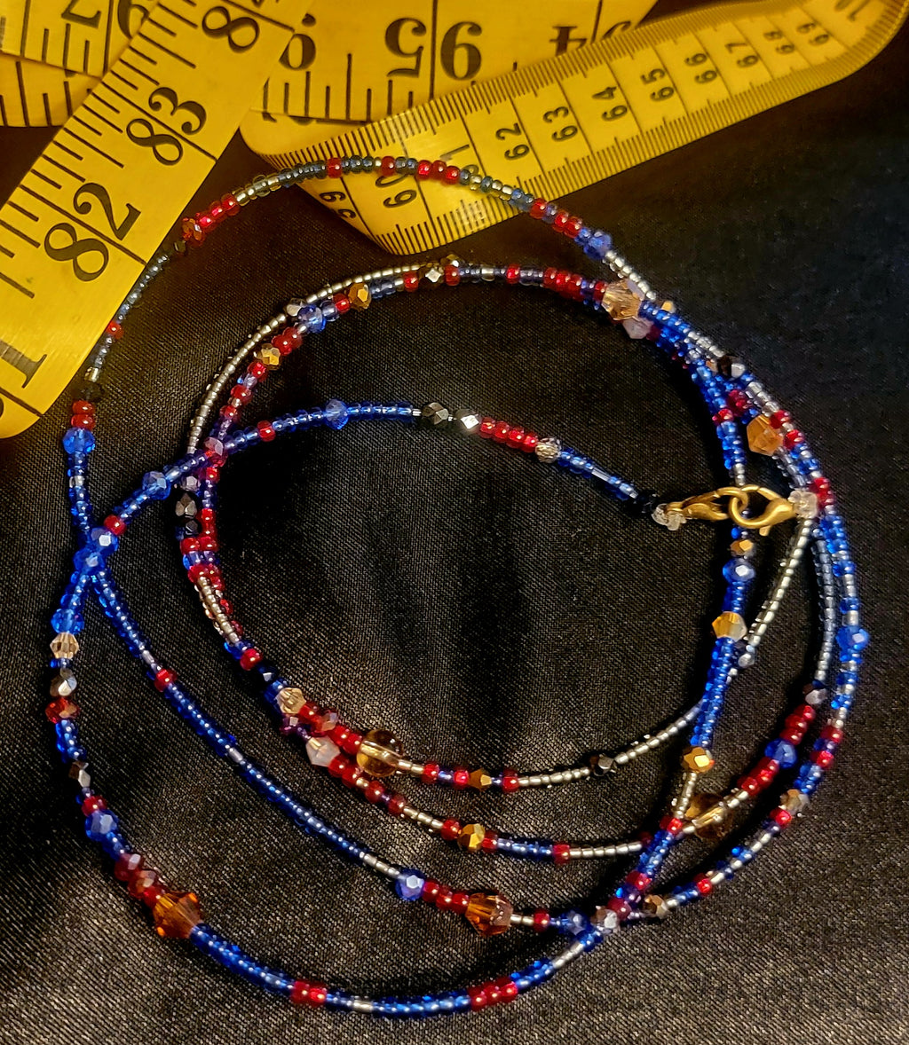 Waist Beads - Red Blue Silver with Crystals