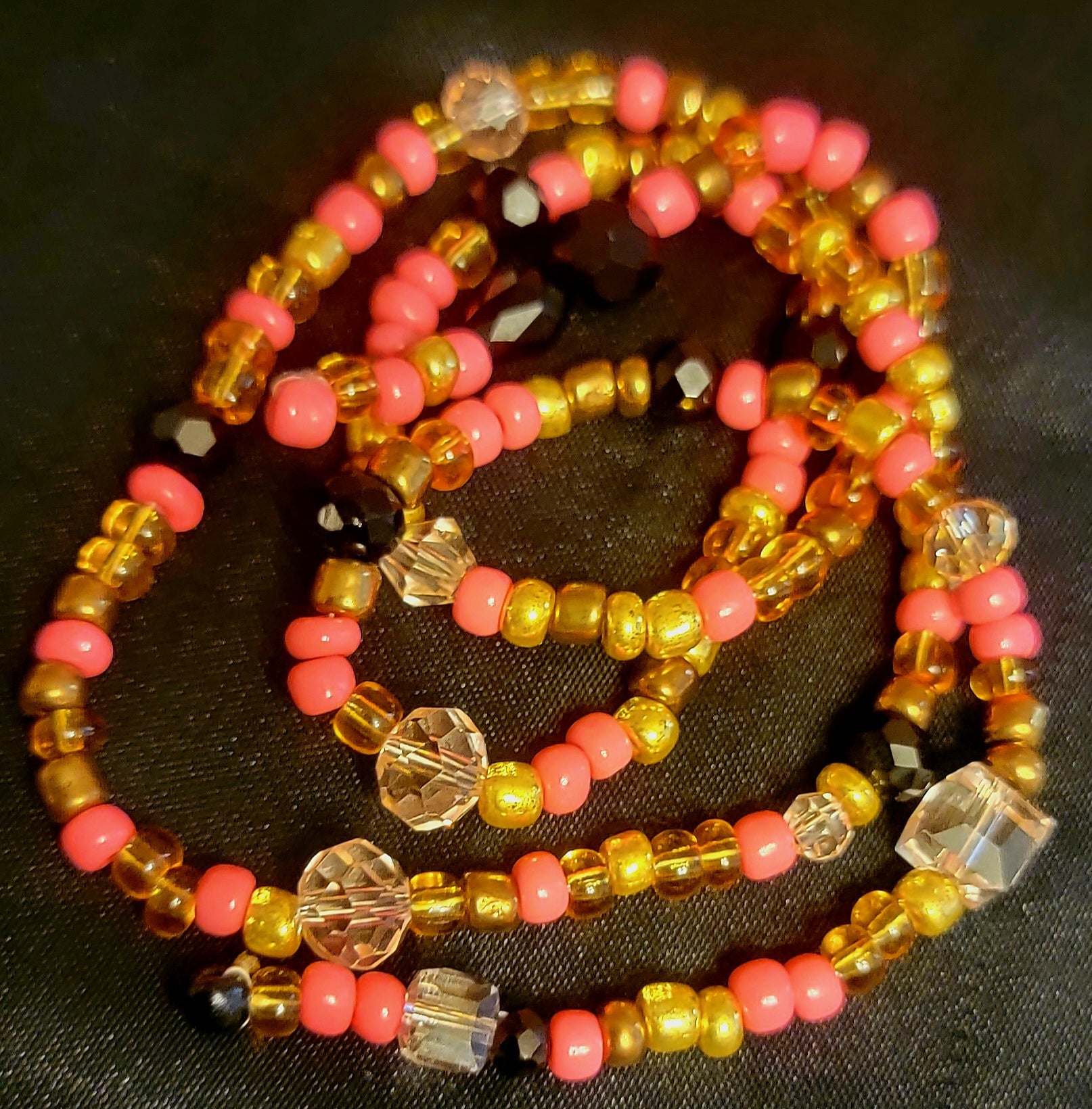 Waist Beads - Hand Beaded Black Pink Gold Crystal
