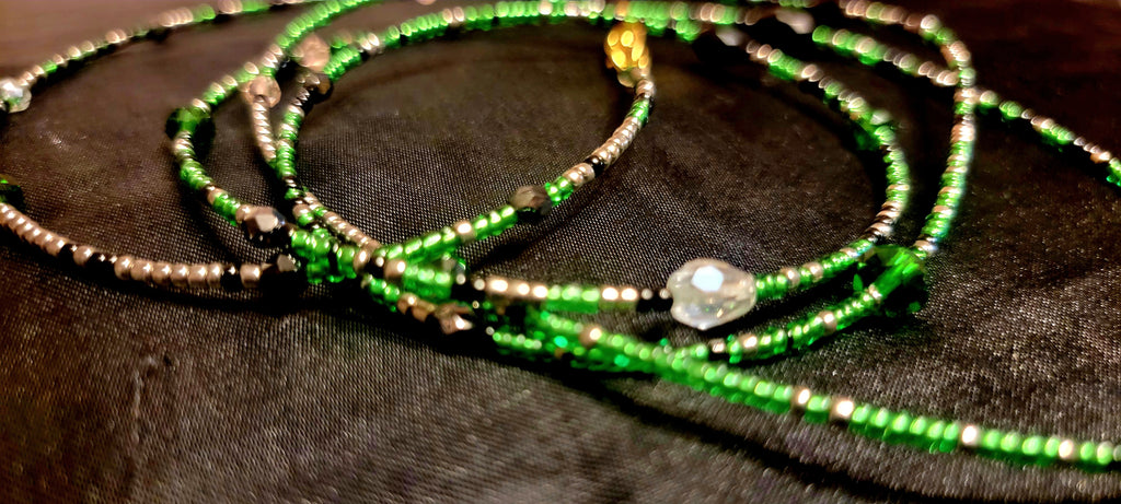 Waist Beads - Hand-Made Green Silver Black with Crystals