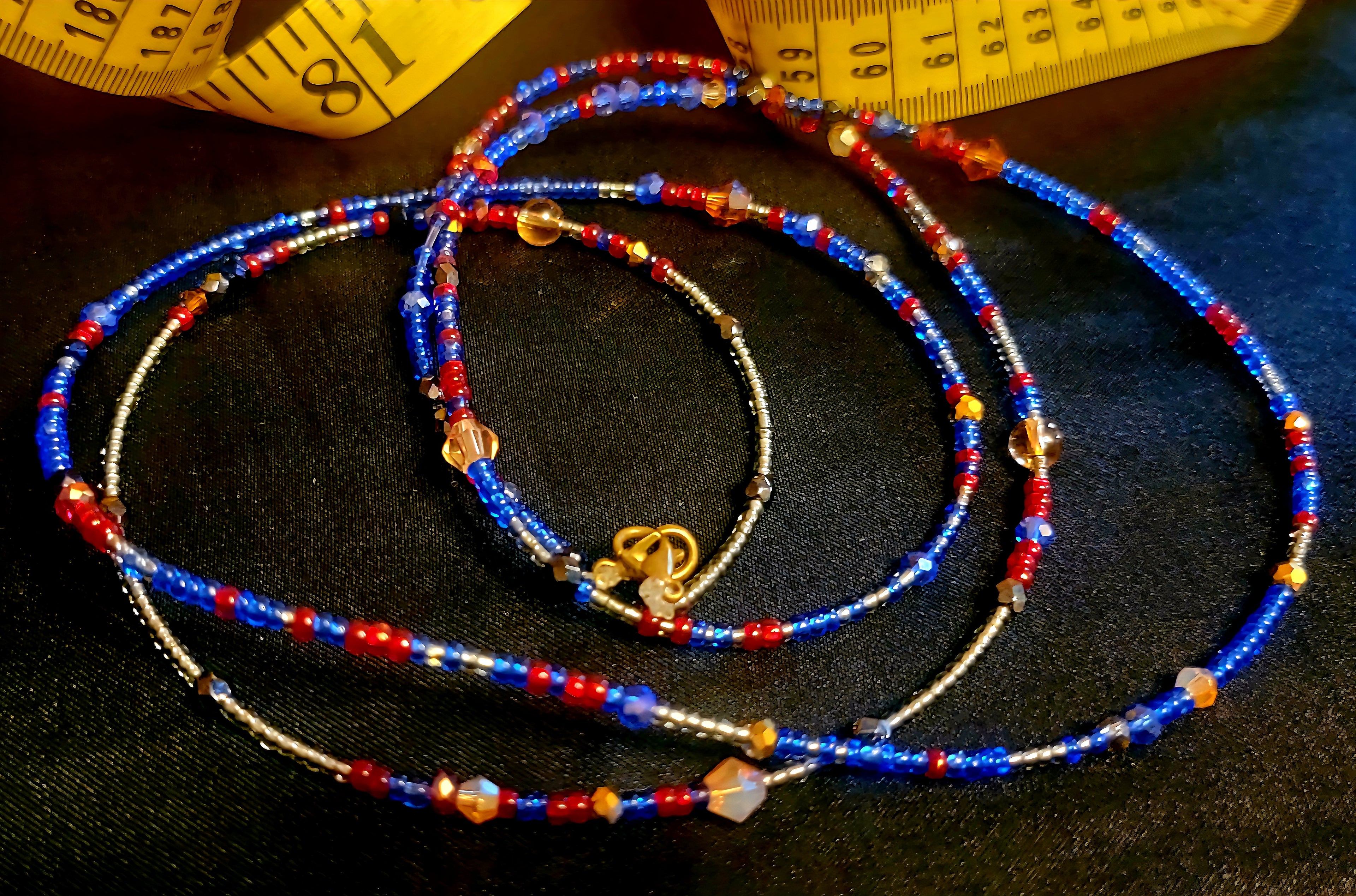 Waist Beads - Red Blue Silver with Crystals