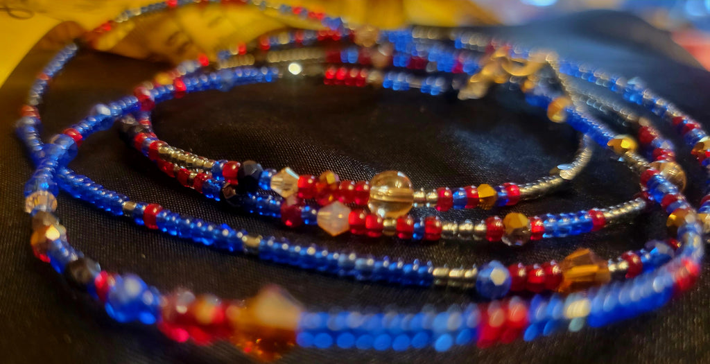 Waist Beads - Red Blue Silver with Crystals