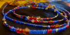 Waist Beads - Red Blue Silver with Crystals