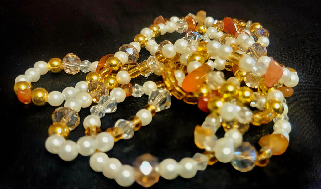 Waist Beads – Pearl Gold Crystal Clear Carnelian Hand Beaded