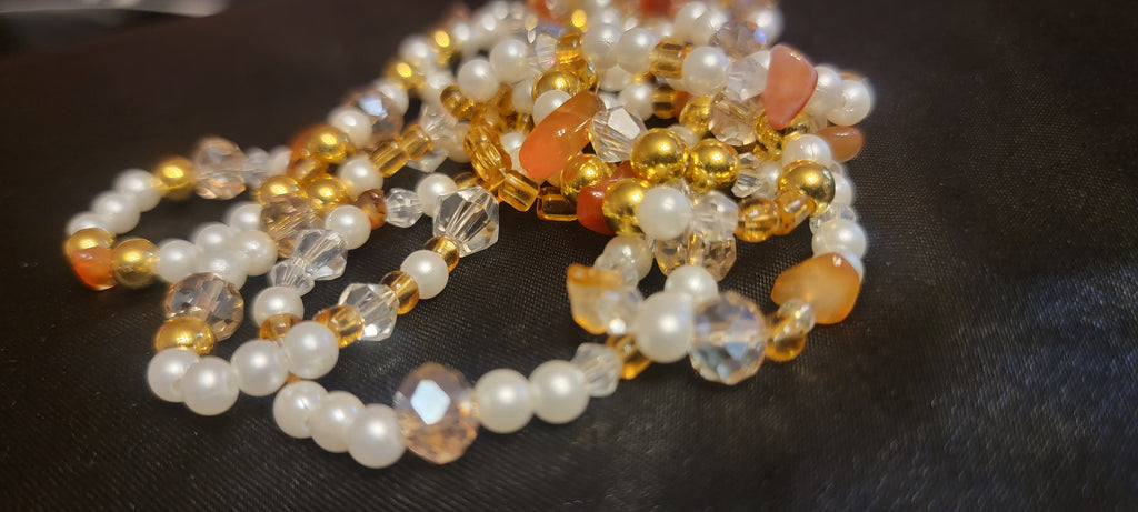 Waist Beads – Pearl Gold Crystal Clear Carnelian Hand Beaded