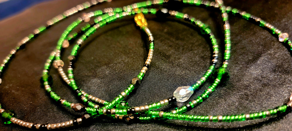Waist Beads - Hand-Made Green Silver Black with Crystals