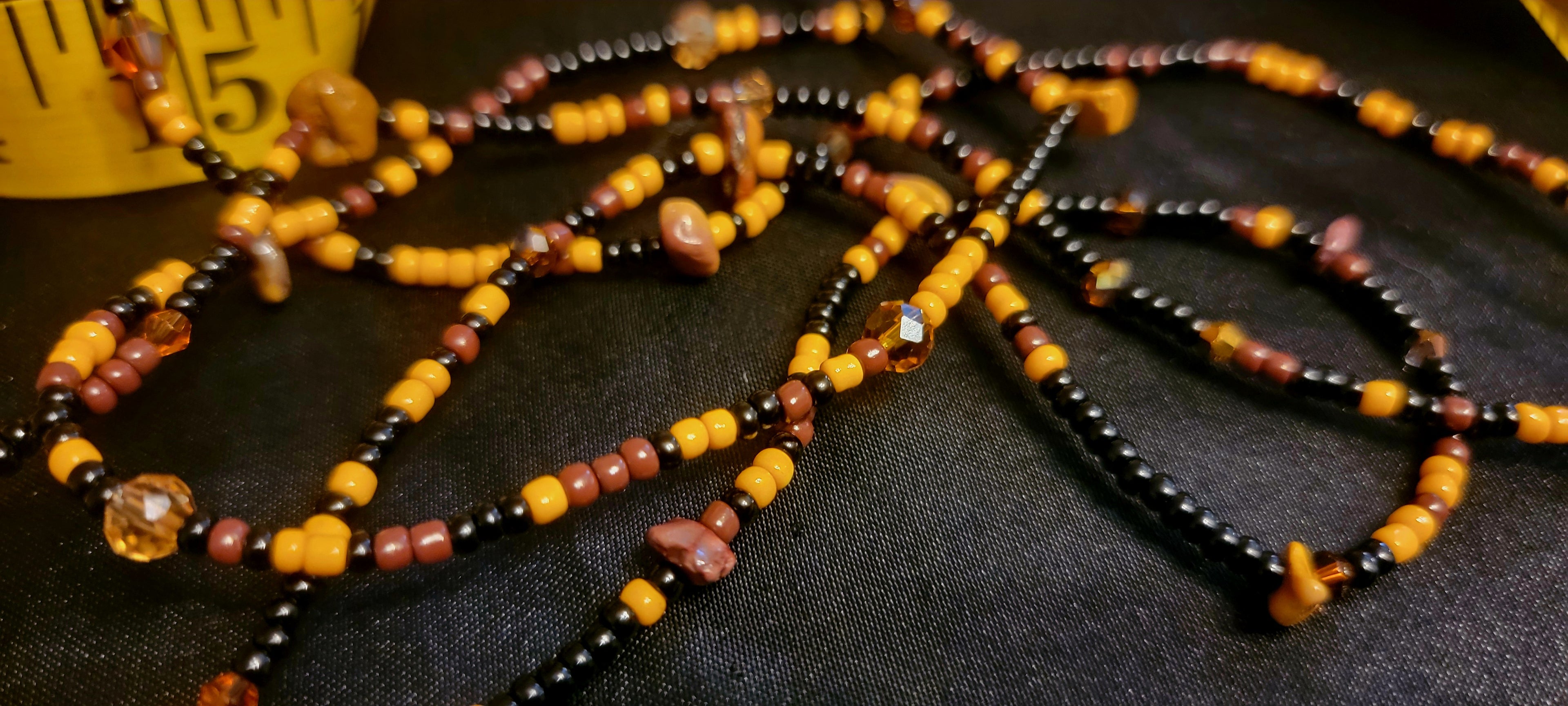 Waist Beads - Hand-Beaded Tortie with Tiger Eye stone chips