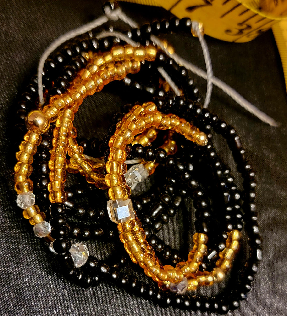 Black Gold & Crystal Accents Tie On Waist Beads