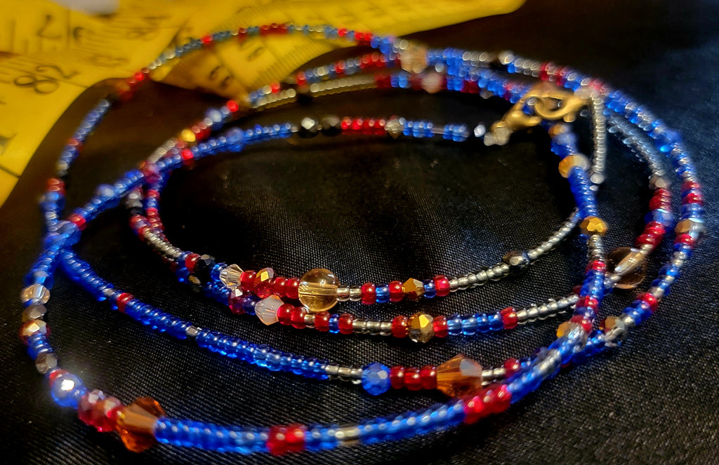 Waist Beads - Red Blue Silver with Crystals