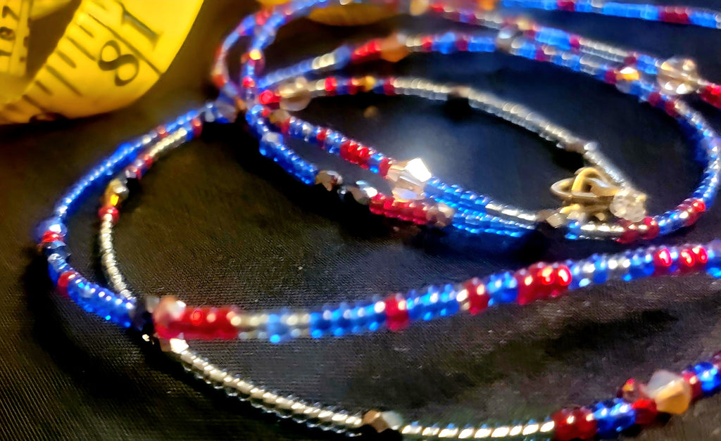 Waist Beads - Red Blue Silver with Crystals