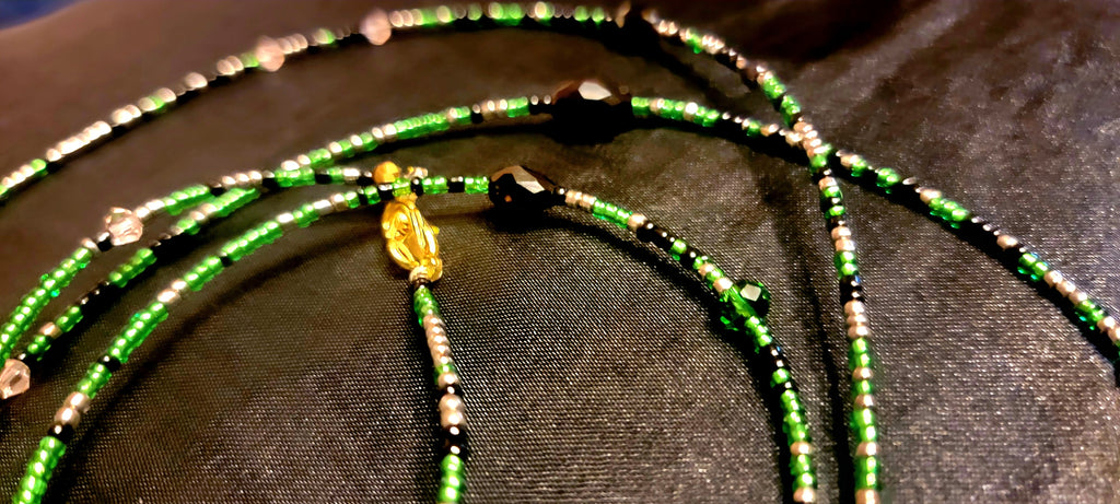 Waist Beads - Hand-Made Green Silver Black with Crystals