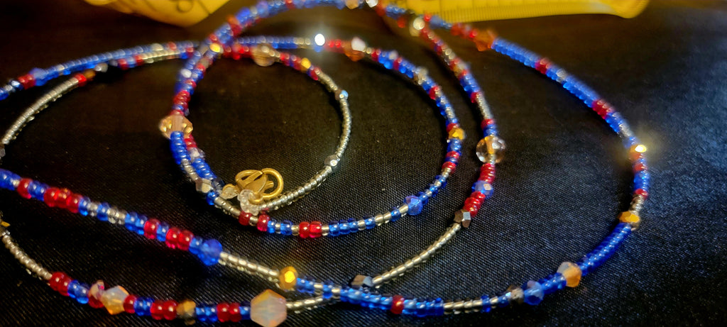 Waist Beads - Red Blue Silver with Crystals