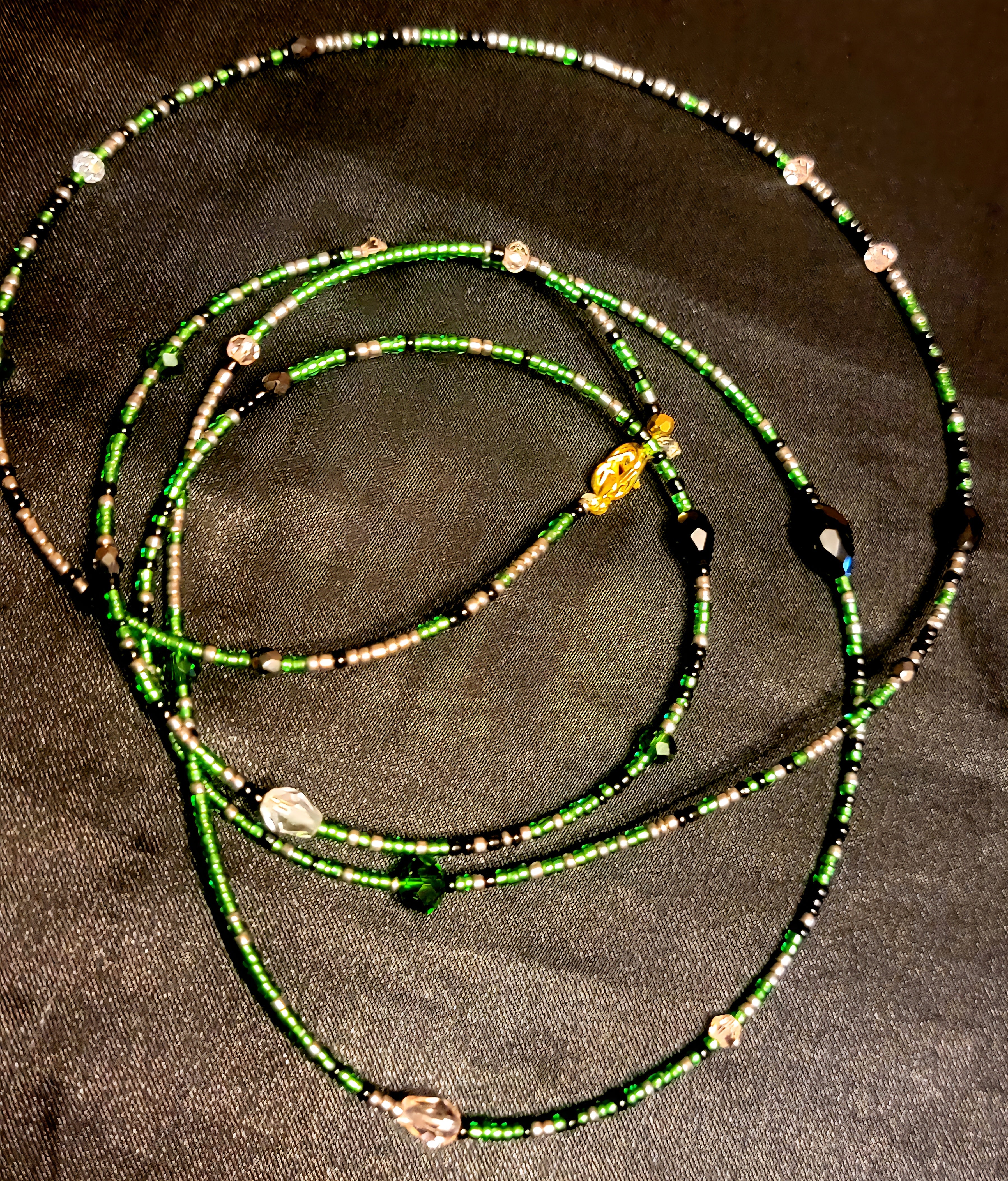 Waist Beads - Hand-Made Green Silver Black with Crystals