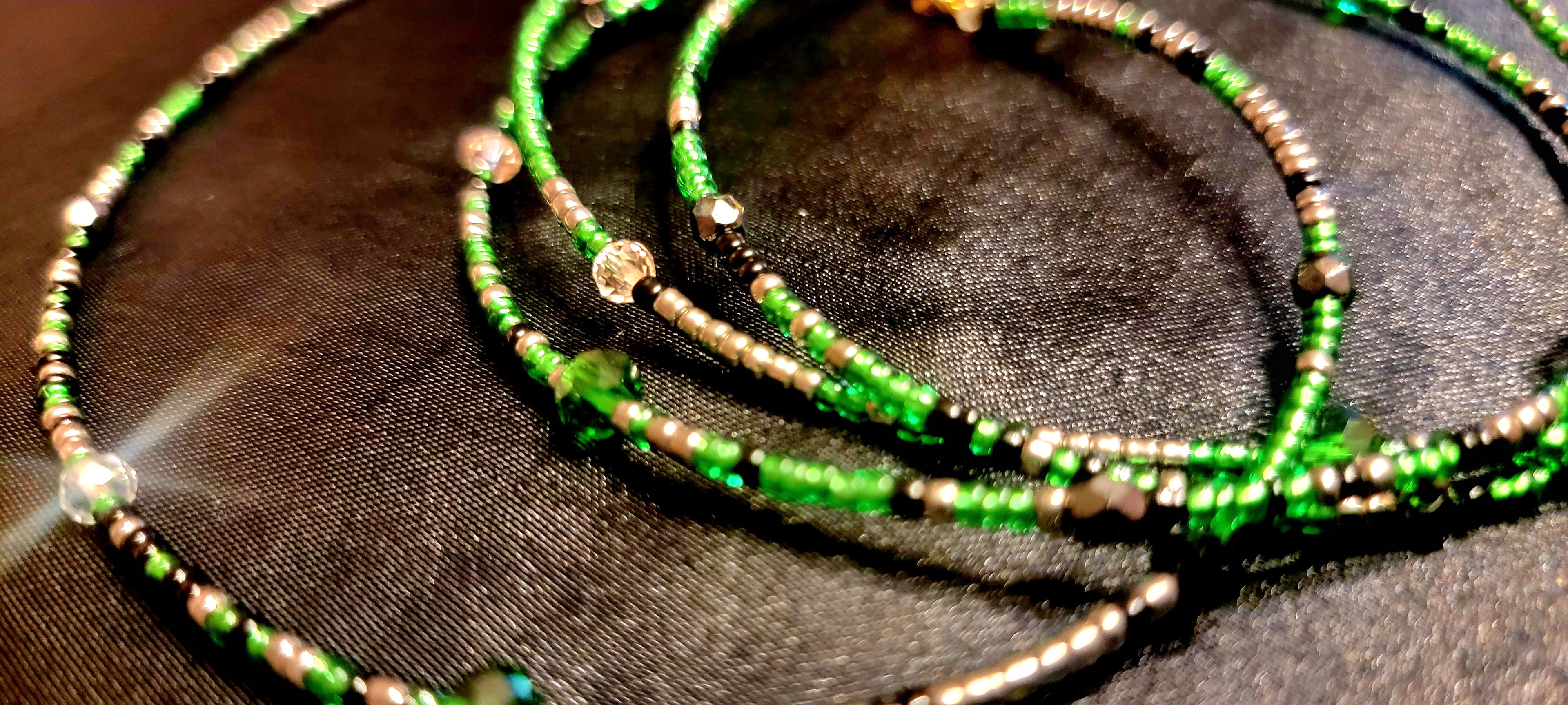 Waist Beads - Hand-Made Green Silver Black with Crystals